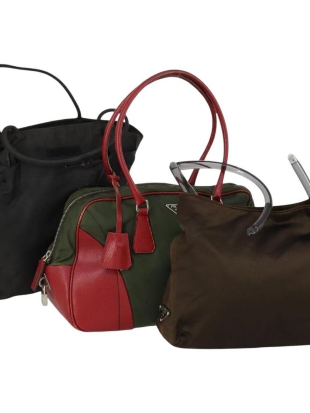 PRADA Tote Bag Nylon 3 Set Black Khaki Auth 151704